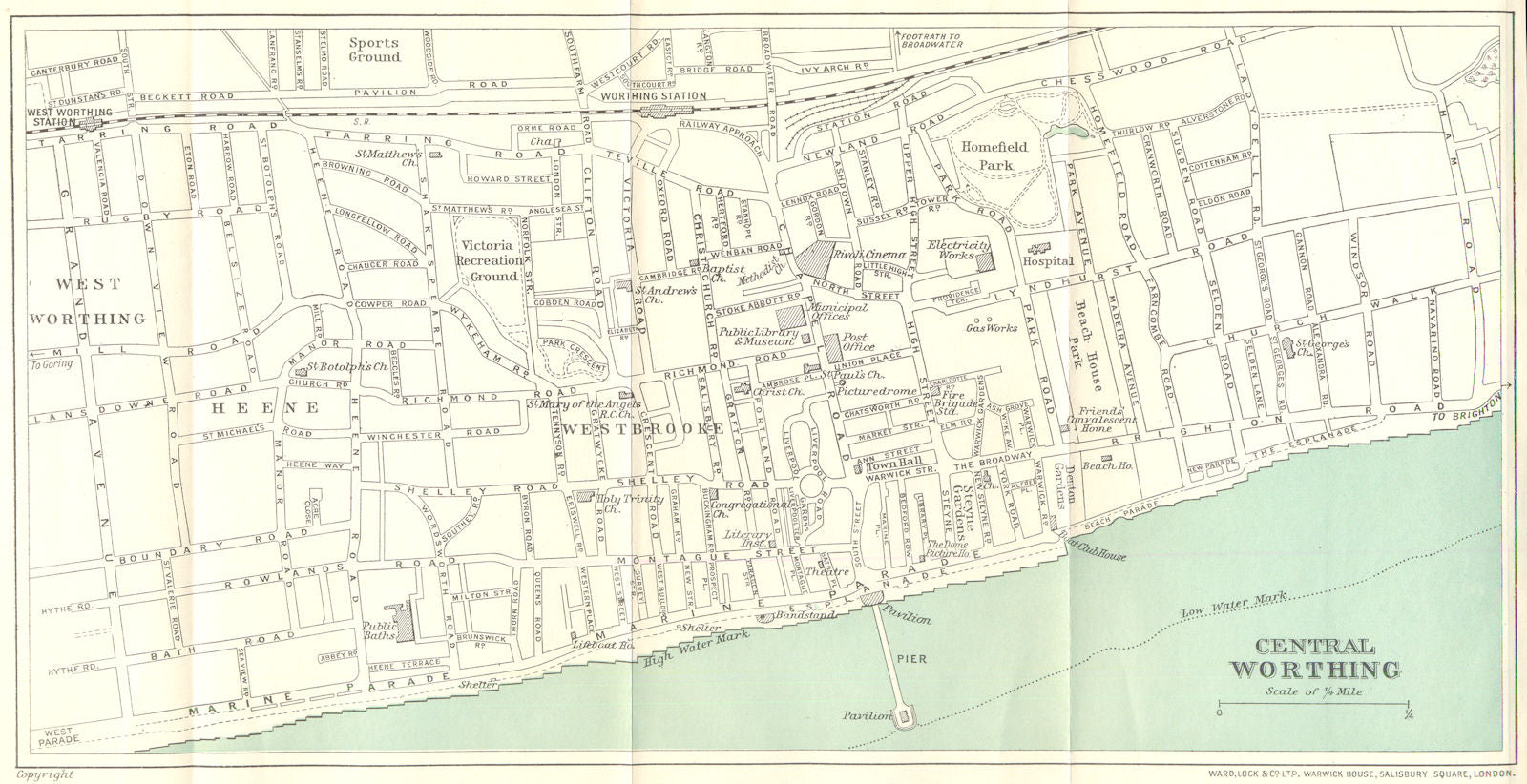 CENTRAL WORTHING vintage town/city Plan. Sussex. WARD LOCK 1936 old map